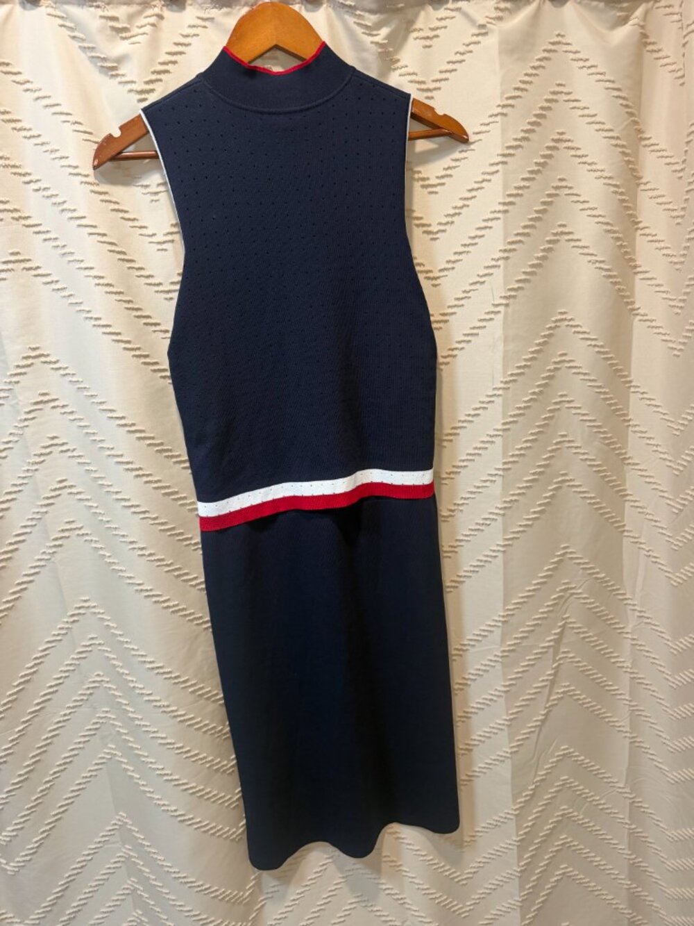 Leo & Ugo Dress Knit Navy Blue Red White Layered Mock Neck Zip France Summer - Picture 9 of 12